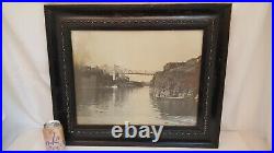 Vintage Antique Large Black White Photograph Paddlewheel Boat Bridge Canoe Logs
