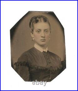 Vintage Antique Tintype Photo Beautiful Young Lady Teen Girl Earrings Brooch Set