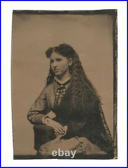 Vintage Antique Tintype Photo Beautiful Young Lady with Long Frizzy Permed Hair