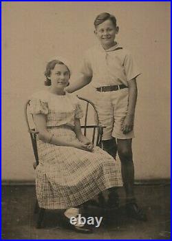 Vintage Antique Tintype Photo Charming Smiling Young Boy & Girl Brother & Sister