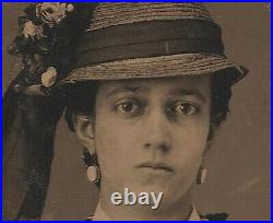 Vintage Antique Tintype Photo Lovely Young Victorian Lady in Pretty Straw Hat