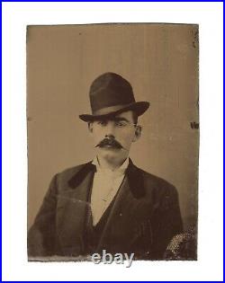 Vintage Antique Tintype Photo Old Western Shady Character Man with Hat & Mustache