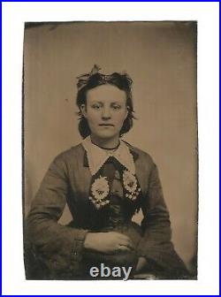 Vintage Antique Tintype Photo Pretty Young Lady Teen Girl with Embroidered Scarf