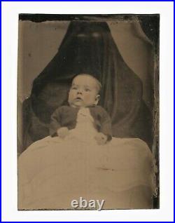 Vintage Antique Tintype Photo Spooky Hidden Mother with Creepy Ghost Eyes & Baby