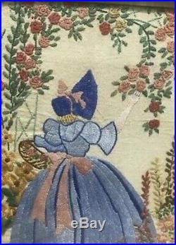 Vintage Hand Embroidered Picture Of Beautiful Embroidered Crinoline Lady-framed