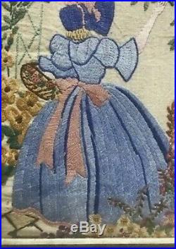 Vintage Hand Embroidered Picture Of Beautiful Embroidered Crinoline Lady-framed