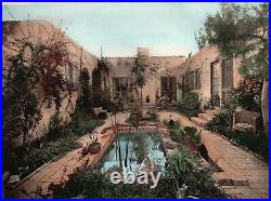 Vintage Hand Tinted Photograph 1940s California Courtyard 8-1/4x11-5/8