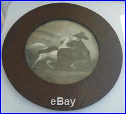 Vintage Horse Print Picture Framed Round Wood (Antique Alfred S. Campbell) READ