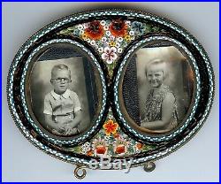 Vintage Italy Black & Multi-color Micro Mosaic Floral Double Picture Frame