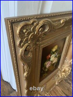 Vintage Large Victorian Style Gold Ornate Wooden Picture Frame Floral Painting