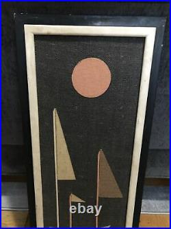 Vintage Mid Century Modern MCM Wall Art Sail Boat Hanging Picture Burlap 33x13