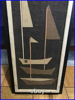 Vintage Mid Century Modern MCM Wall Art Sail Boat Hanging Picture Burlap 33x13