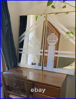 Vintage Mirror Frosted Etched Leaf Vase MCM Picture Gold Wall Hanging Large 2
