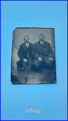 Vintage Original Victorian Tintype Photo Of Two Men Sitting On A Bench