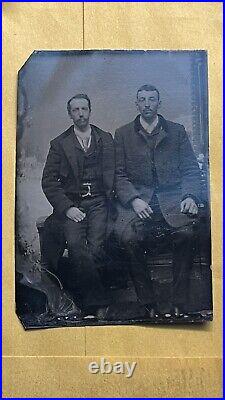 Vintage Original Victorian Tintype Photo Of Two Men Sitting On A Bench