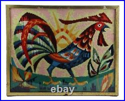 Vintage Retro Framed Tapestry Picture Hand Needlepoint Rooster Art Deco