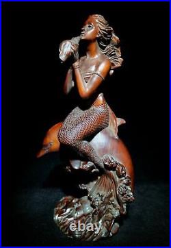 Vintage antique wooden statue mermaid carving decorative sculpture home love