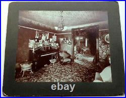 Vintage cabinet card photo Victorian home detailed antique piano lace interior