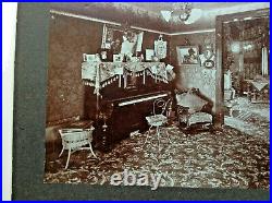 Vintage cabinet card photo Victorian home detailed antique piano lace interior