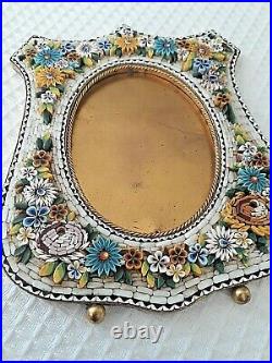 Vtg Italian Brass Picture Frame 4x5 EUC Micro Mosaic Millefiori Raised Flowers
