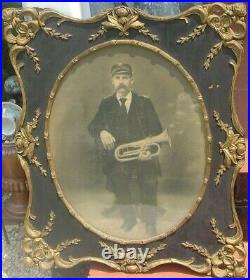 Vtg Photo Print Portrait Antique Band Horn Bugle Handlebar Mustache Ornate Frame