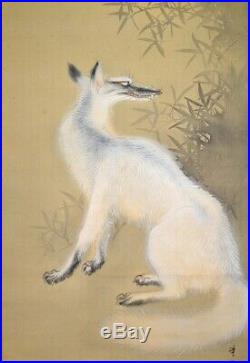 White FOX JAPANESE PAINTING VINTAGE HANGING SCROLL OLD JAPAN Picture Moon 437p