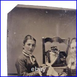 Young Women With Hats Opening Letter Tintype c1875 Antique 1/6 Plate Photo D480